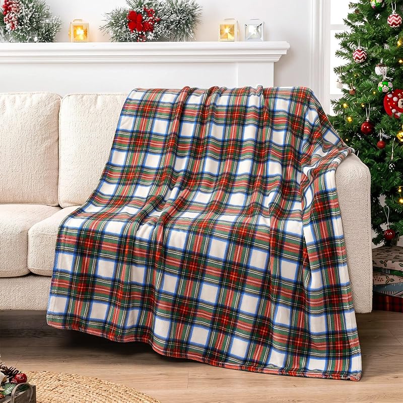 Christmas Tartan Plaid Throw Blanket 50x60 in - Double Sided Flannel, White