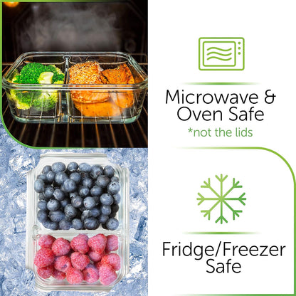 Prep Naturals Glass Meal Prep Containers - Airtight 36oz Food Storage Bowls | Dishwasher & Microwave Safe - Pack of 5, 2-Compartment Clear