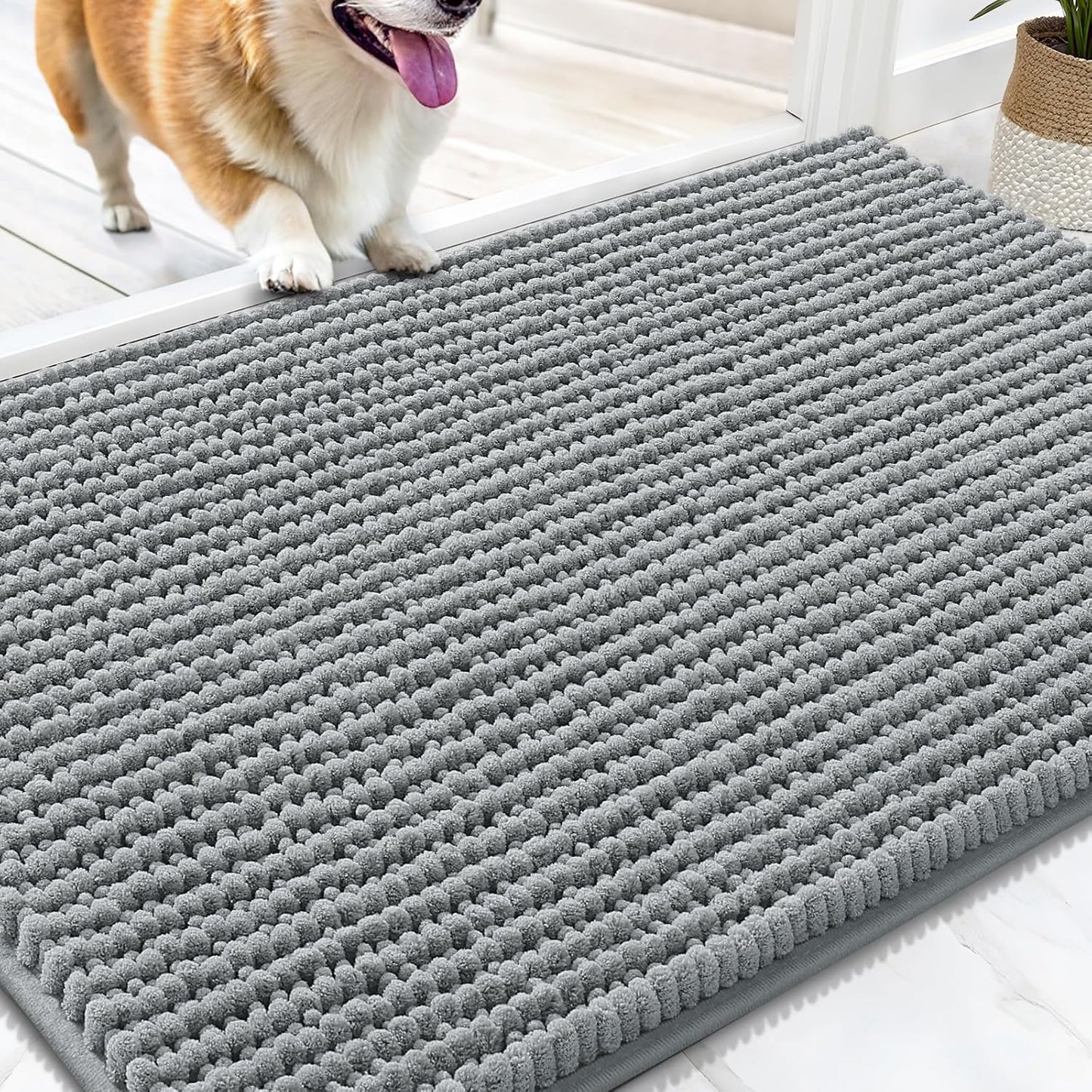 OLANLY Dog Door Mat - Ultra Absorbent Chenille Mud Doormat | Non-Slip, Washable, 30x20, Grey