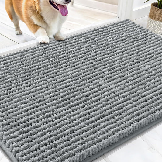 OLANLY Dog Door Mat - Ultra Absorbent Chenille Mud Doormat | Non-Slip, Washable, 30x20, Grey