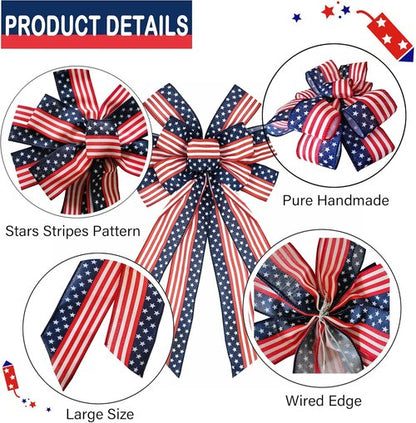 Large Patriotic Bow Wreath by [Brand Name] - 4th of July Decor with American Flag Design | Red & Blue Stars, 11.4x20.8''