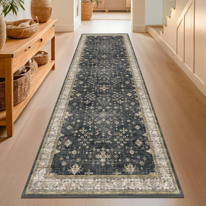 Skiennix Black Washable 8ft Long Runner Rug - Non-Slip Boho Vintage Design for High Traffic Areas