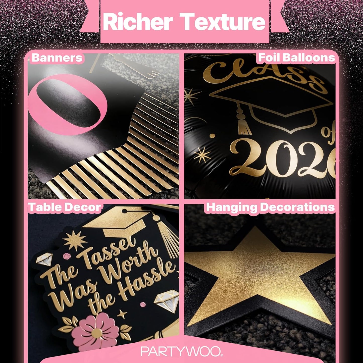 PartyWoo Graduation Decorations - Class of 2026 Black, Gold & Pink 19-Piece Set with Banner & Balloons