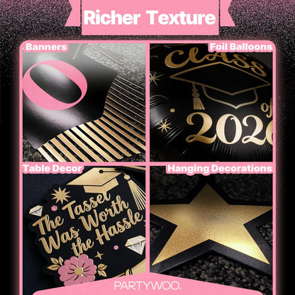 PartyWoo Graduation Decorations - Class of 2026 Black, Gold & Pink 19-Piece Set with Banner & Balloons