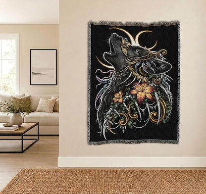 Howling Wolf Throw Blanket by Pure Country Weavers 72x54 - Cotton Wall Tapestry, Made in USA