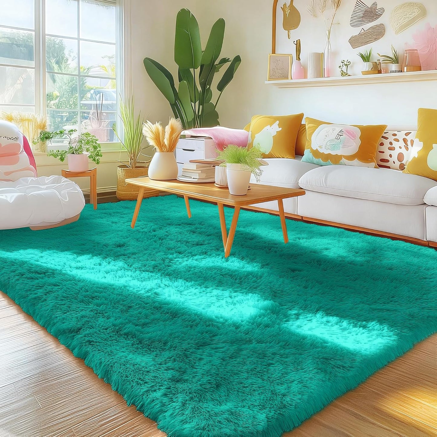 OLANLY Area Rug - Soft Fluffy Shaggy Design | Machine Washable 4x5.9 ft Teal Green Carpet for Kids & Nursery