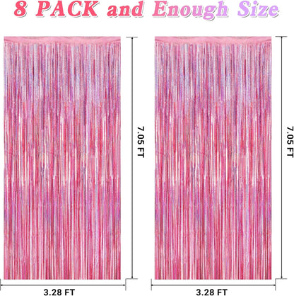 Skiennix Pink Backdrop - 8 Pack Metallic Glitter Fringe Curtains | 3.28 FT x 7.05 FT for Parties