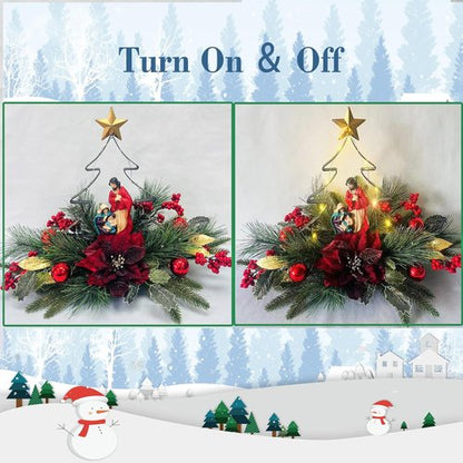 Eksen Nativity LED Christmas Tree Centerpiece - Holy Family Decoration with Warm Lights & Red Poinsettia Accents