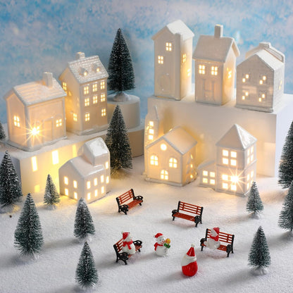 Soaoo 29-Piece Ceramic Christmas Village Set - 8 LED Houses, 12 Trees, 4 Snowmen & Benches | Festive Tabletop Decor