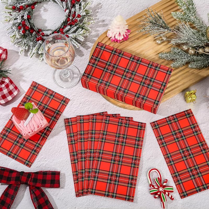 100-Count Christmas Plaid Napkins, 3-Ply Paper, Red & Green Classic Tartan