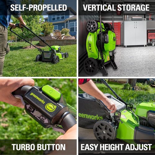 Greenworks 48V (24V x 2) High - Performance Cordless Yard Tool Combo: 21" self propelled lawn mower, 12" Trimmer & Blower, with 3 Batteries & 2 Chargers