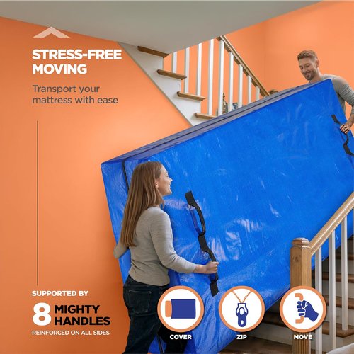 Mattress Bags For Moving - Queen Tear-Proof Storage Cover With 8 Handles & Dual Zippers