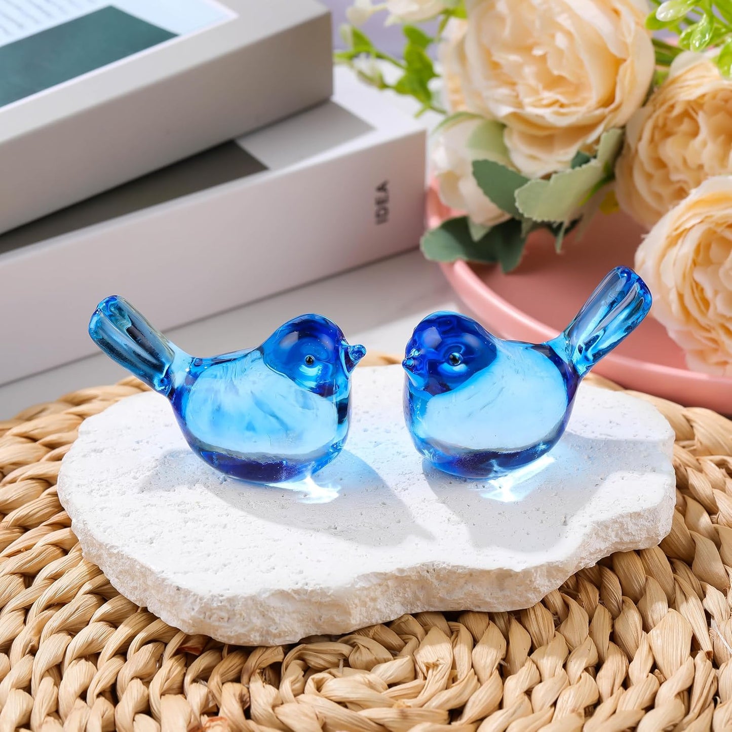 Qianwei Crystal Bird Figurine Set - Handmade Blown Glass Birds for Office Desk Decor | 2pcs Sky Blue