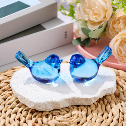 Qianwei Crystal Bird Figurine Set - Handmade Blown Glass Birds for Office Desk Decor | 2pcs Sky Blue