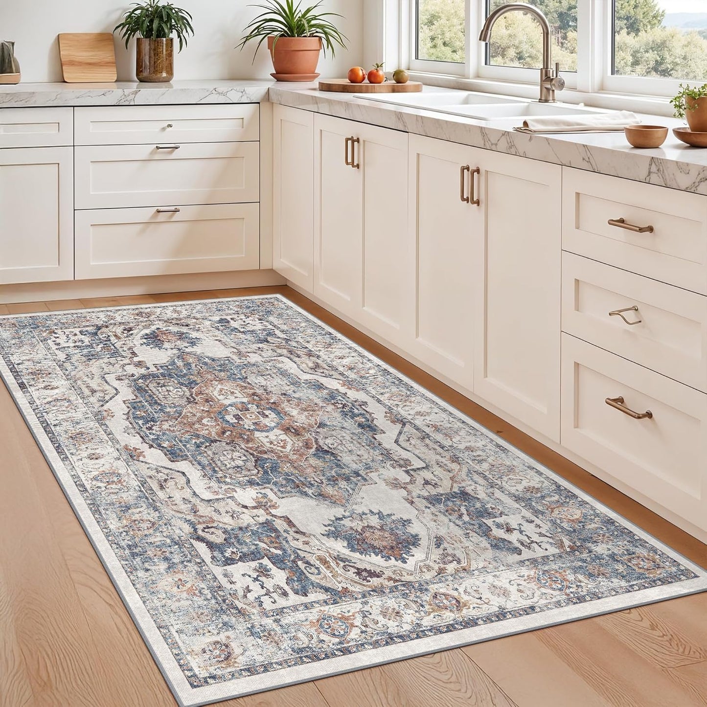 Skiennix Washable 3x5 Kitchen Area Rug - Cozy Soft Low Pile Carpet for Living Room & Entryway | Brick Color
