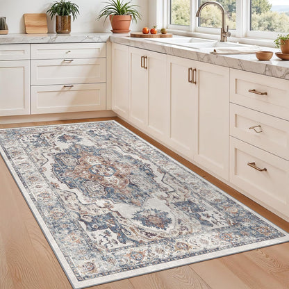Skiennix Washable 3x5 Kitchen Area Rug - Cozy Soft Low Pile Carpet for Living Room & Entryway | Brick Color