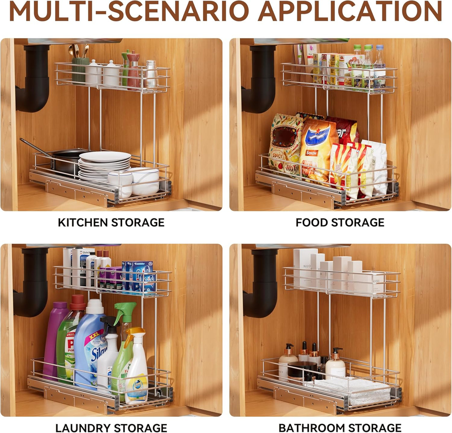 Under Sink Organizer - 2-Tier Pull-Out Cabinet Organizer | Chrome Plated, 9"W x 18.5"D for Kitchen & Bathroom
