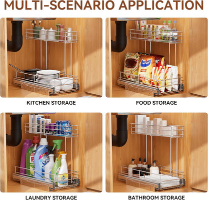 Under Sink Organizer - 2-Tier Pull-Out Cabinet Organizer | Chrome Plated, 9"W x 18.5"D for Kitchen & Bathroom