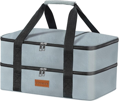 Skiennix Double Decker Insulated Casserole Carrier - Leak Proof Food Warmer Bag for Potlucks | Fits 9"x13" Baking Dish - Durable Grey Nylon