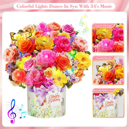 XTF2015 Birthday Cards - 3D Pop-Up Music & Lights | Peony & Butterfly Design, 13 Inch Forever Flower Bouquet