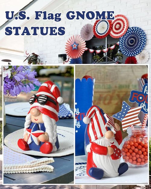 iStatue 4th of July Gnomes - Set of 2 Resin Patriotic Gnomes with American Flag - Festive Home Decor for Independence Day