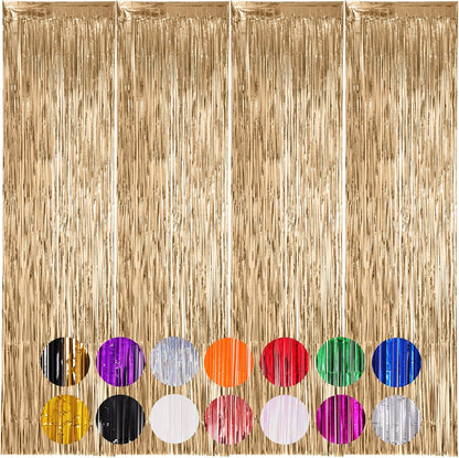 Voircoloria Champagne Foil Fringe Backdrop Curtains - 4 Pack Tinsel Streamers for Parties & Events