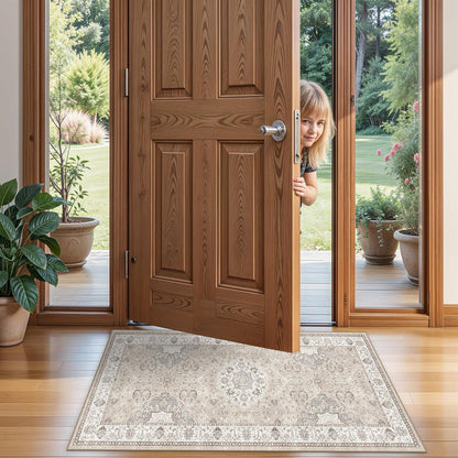 Skiennix Washable 2x4 Entryway Area Rug - Vintage Water-Resistant, Non-Slip, Ultra Soft Beige Carpet