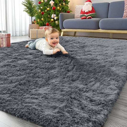OLANLY 5x5 Area Rug - Soft Fluffy Shaggy Design | Machine Washable Indoor Carpet in Grey for Kids & Home Decor