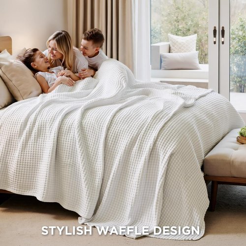 Bedsure Cooling Waffle Blanket - Lightweight Cotton & Bamboo Blend for Hot Sleepers | Queen Size, Ivory, 90x90 Inches
