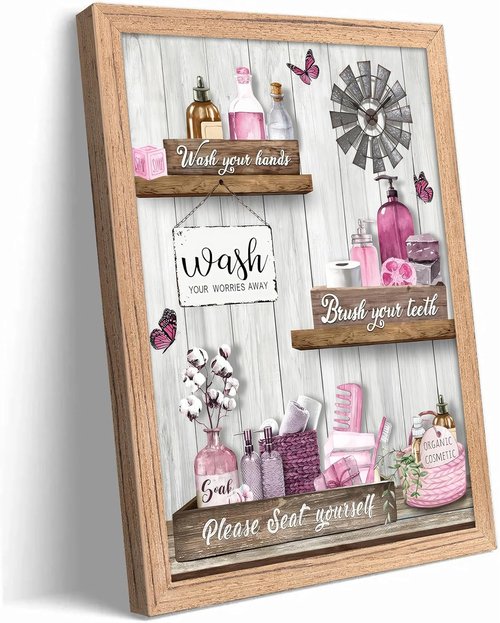 Farmhouse Bathroom Wall Art by Pink - 'Please Seat Yourself' Canvas Print | Modern Framed Decor