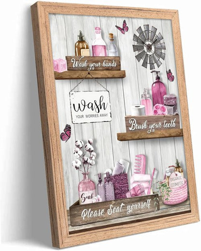 Farmhouse Bathroom Wall Art by Pink - 'Please Seat Yourself' Canvas Print | Modern Framed Decor