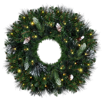 Papyrus 24" Pre-Lit Frosted Carolina Pine Artificial Wreath, Pine Cones, Warm White Light, Battery Powered, Indoor/Outdoor