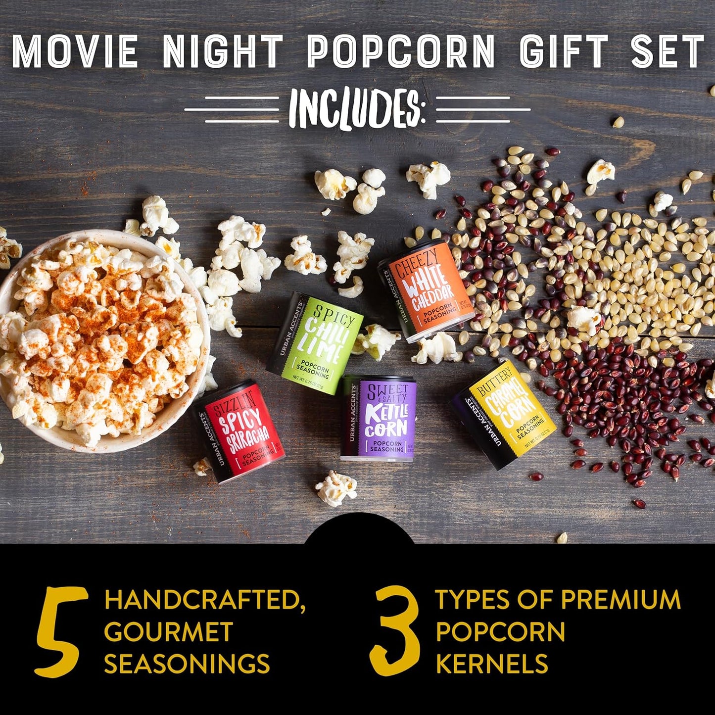 Urban Accents Movie Night Popcorn Gift Set - 3 Gourmet Kernels & 5 Flavorful Seasonings | Ideal Snack Box for Parties