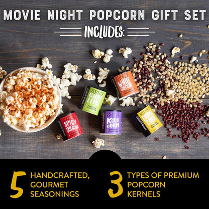Urban Accents Movie Night Popcorn Gift Set - 3 Gourmet Kernels & 5 Flavorful Seasonings | Ideal Snack Box for Parties