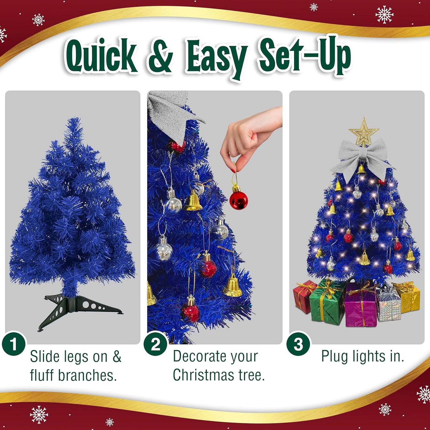 Small Blue Christmas Tree with Lights - 23-Inch Mini Tabletop Tree with Warm-White LEDs & Ornaments