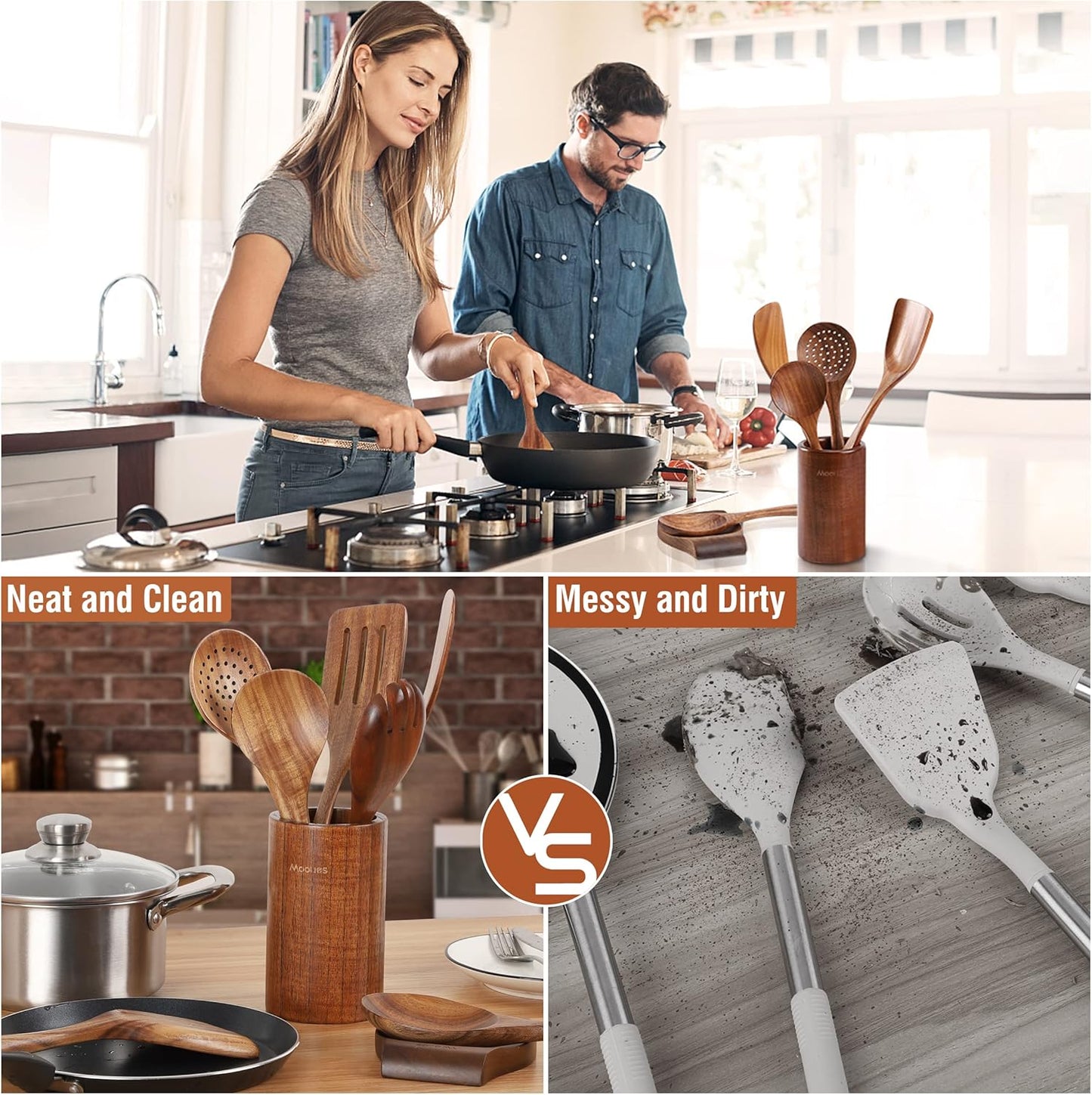 Mooues 9-Piece Natural Teak Wooden Kitchen Utensil Set - Comfort Grip Cooking Tools with Spoon Rest
