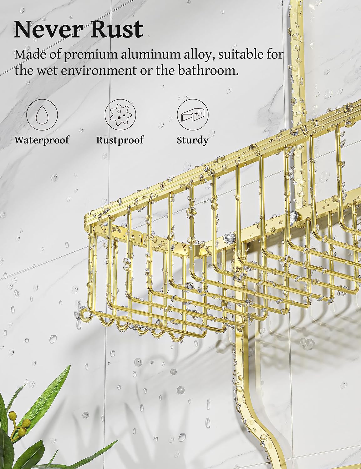 YASONIC Shower Caddy Organizer - Rustproof Aluminum Over-the-Showerhead Rack with 10 Hooks & Soap Basket - Gold