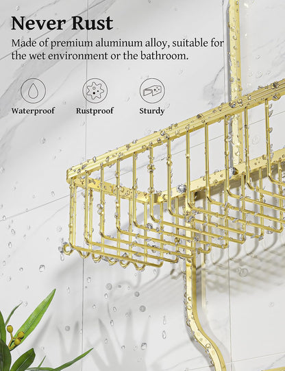 YASONIC Shower Caddy Organizer - Rustproof Aluminum Over-the-Showerhead Rack with 10 Hooks & Soap Basket - Gold
