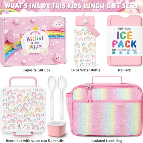 Fimibuke Kids Bento Lunch Box Set - 4 Compartments with Insulated Bag, Water Bottle & Utensils | Perfect Birthday Gift for Ages 3-12