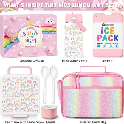Fimibuke Kids Bento Lunch Box Set - 4 Compartments with Insulated Bag, Water Bottle & Utensils | Perfect Birthday Gift for Ages 3-12