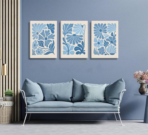 Blue Flower Market Canvas Wall Art - Boho Botanical Aesthetic Paintings for Living Room & Bedroom Decor