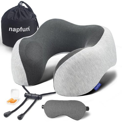 napfun Neck Pillow for Travel with Travel Pouch, Sleep Mask & Earplugs, Memory Foam Airplane Pillow for Headrest Sleep with Eyeshades, Plane Essentials with Eye Blindfold, Light Gray Kit