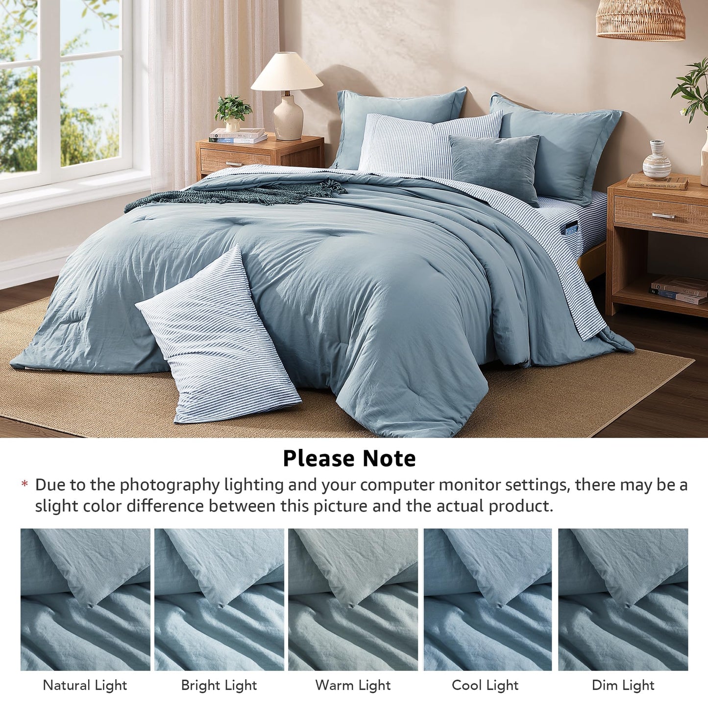 Monbix King Size Comforter Set - 7 Pieces Dusty Blue Prewashed Bed in a Bag King Bedding Sets with Comforters, All Seasons Ultra Soft Comforter Bed Set with Sheets,Pillowcases & Shams