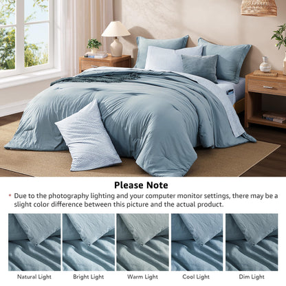 Monbix King Size Comforter Set - 7 Pieces Dusty Blue Prewashed Bed in a Bag King Bedding Sets with Comforters, All Seasons Ultra Soft Comforter Bed Set with Sheets,Pillowcases & Shams