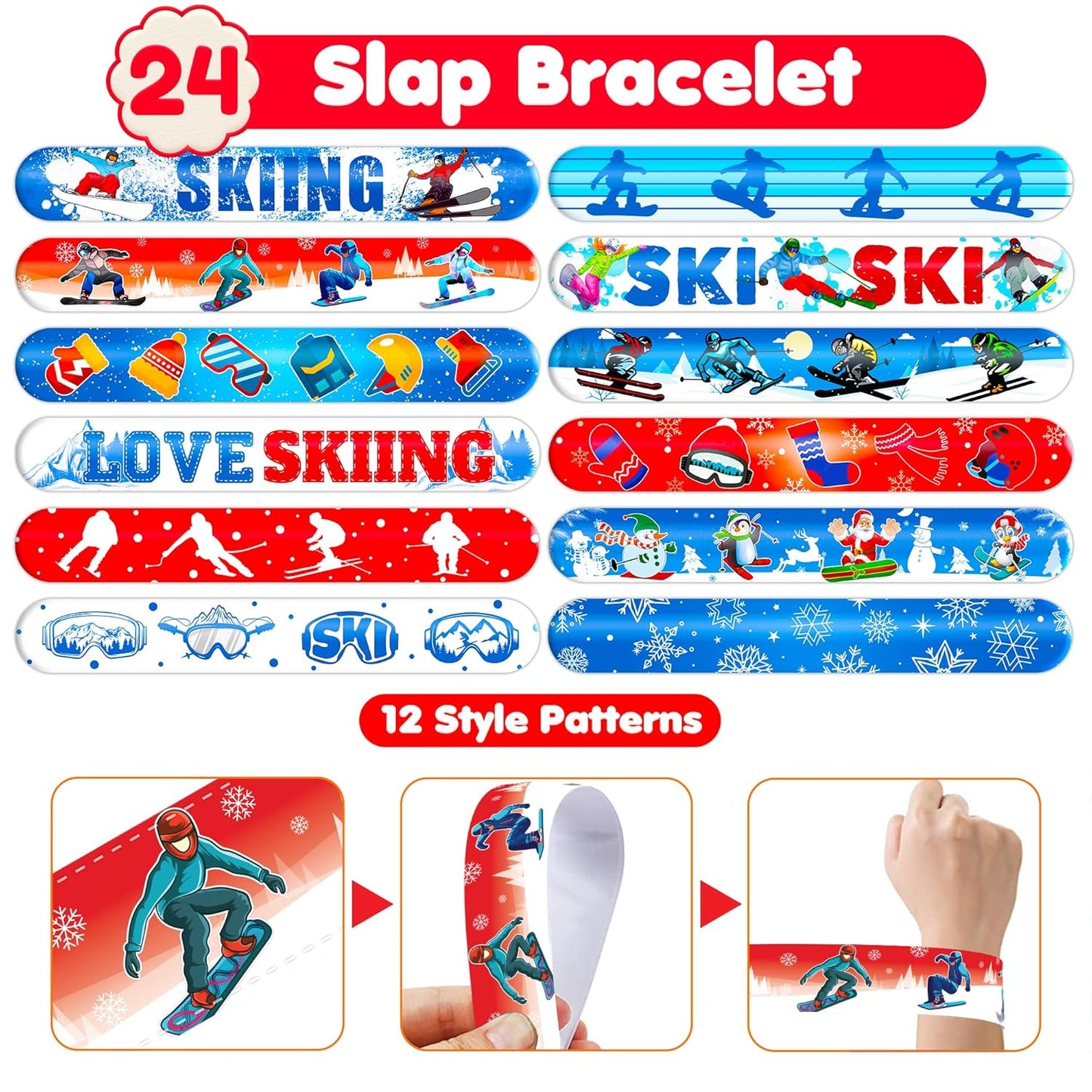 Skiennix Skiing Party Set - 48PCS Fun Winter Sports Supplies | 24 Temporary Tattoos & 24 Slap Bracelets for Kids