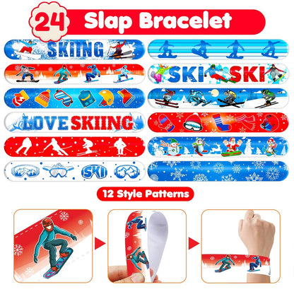 Skiennix Skiing Party Set - 48PCS Fun Winter Sports Supplies | 24 Temporary Tattoos & 24 Slap Bracelets for Kids