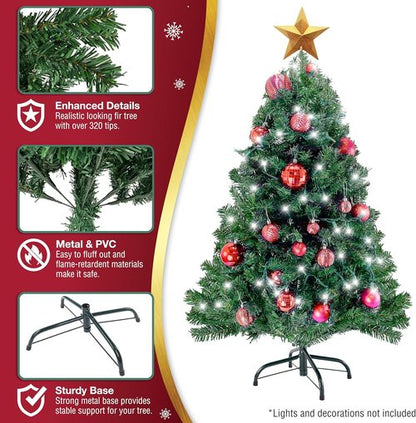 Canadian Fir 4ft Green Christmas Tree - Premium Hinged Artificial Holiday Décor with 320 Tips & Metal Stand