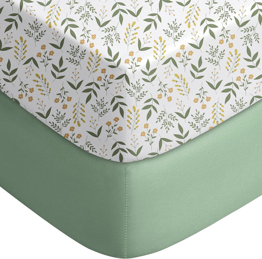 Yoofoss Baby Crib Sheets - Ultra Soft 2-Pack Fitted Sheets for Standard Cribs | Green Flower Design, 52x28
