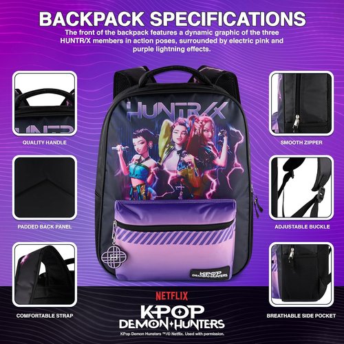 Huntrix K-Pop Demon Hunters 16” Backpack for Girls - Rumi, Zoey, Mira & Rubber Molded Charm