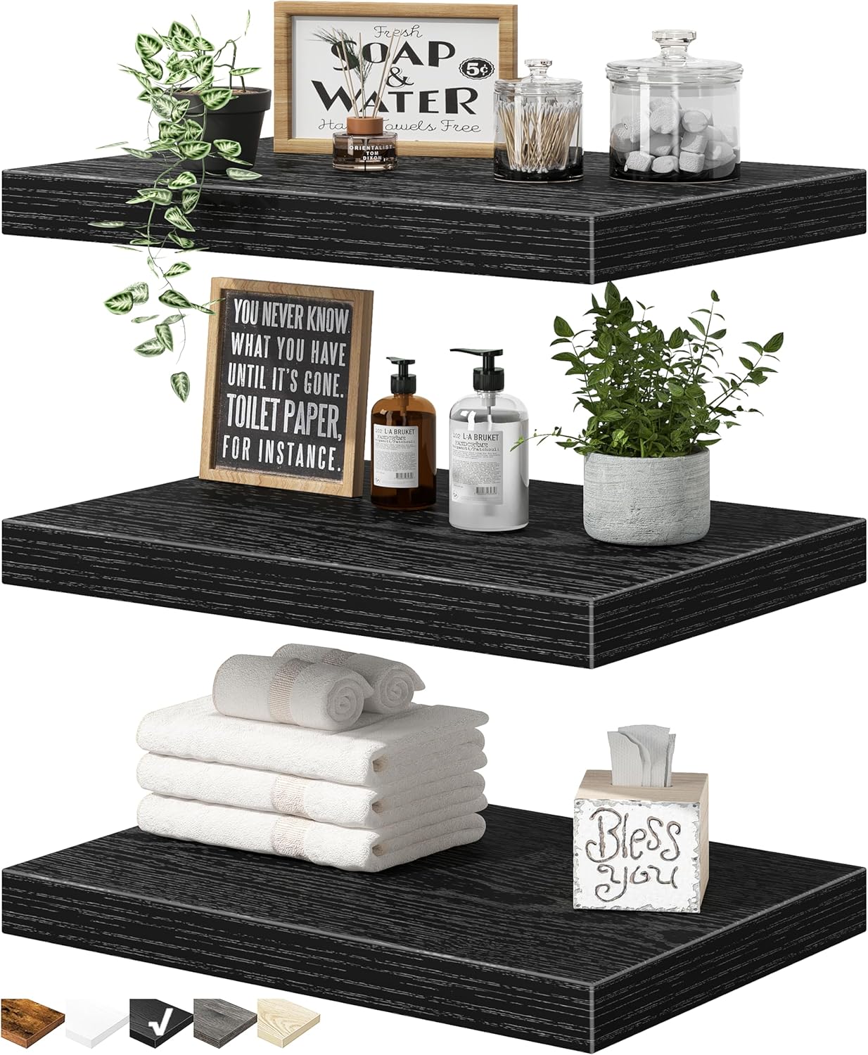 QEEIG 10" Deep Floating Shelves - Set of 3 Black Wall-Mounted Bookshelves for Bathroom, Bedroom & Kitchen